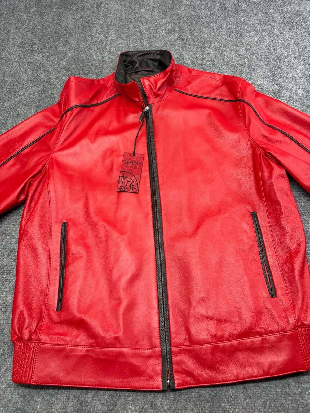 Torras Leather Rocker Jacket SZ US 40 Red Black Trim Full Zip Made in Spain NWT